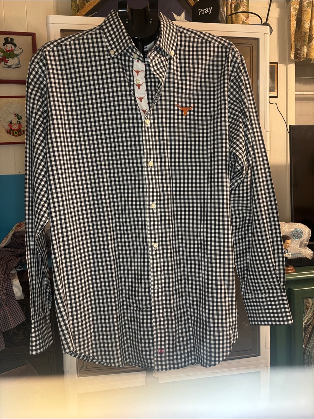 Thomas Dean Black & White Gingham Texas Longhorn Embroidered Button-Down Shirt
